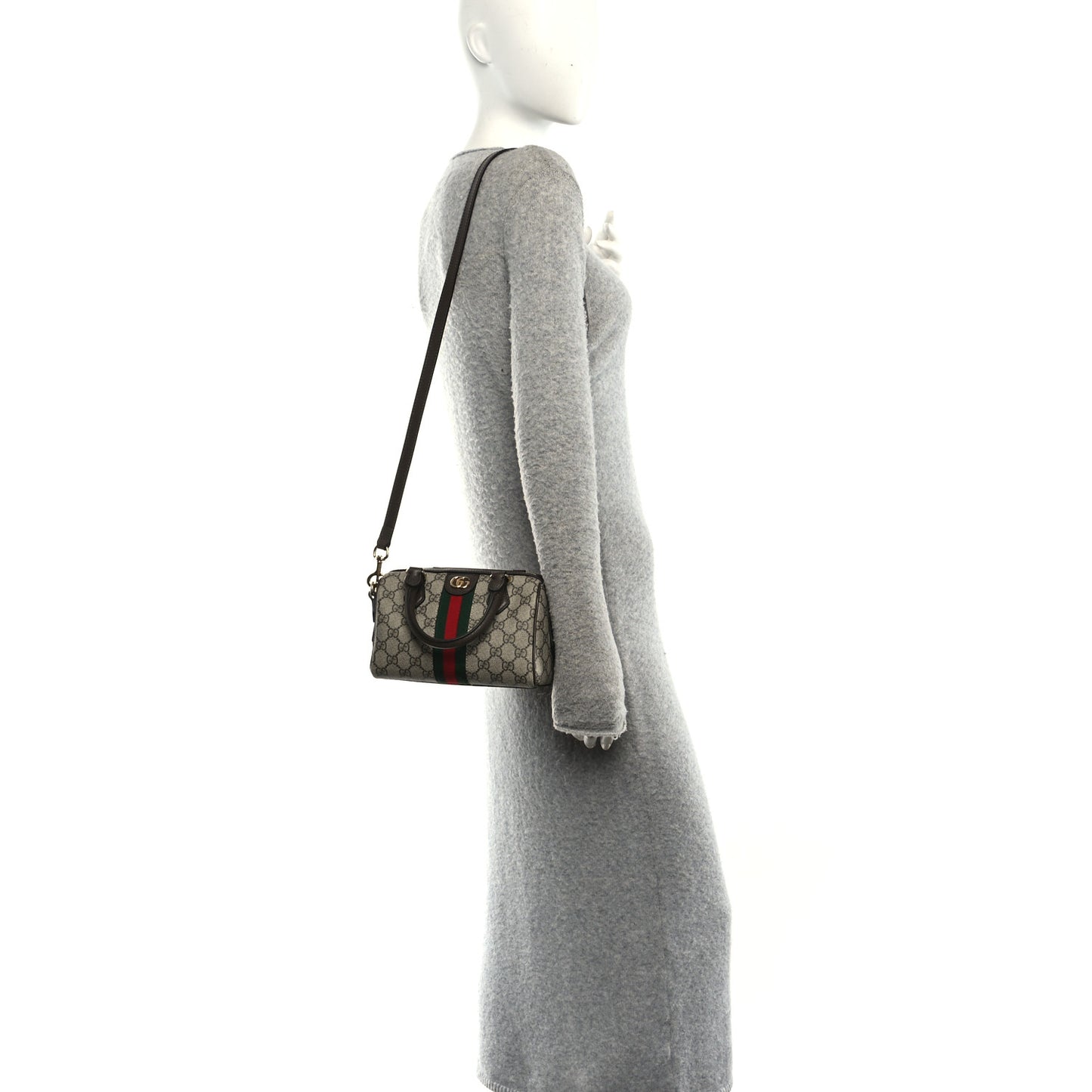 GG Supreme Monogram Textured Dollar Calfskin Web Mini Ophidia Top Handle Bag Beige Ebony New Acero