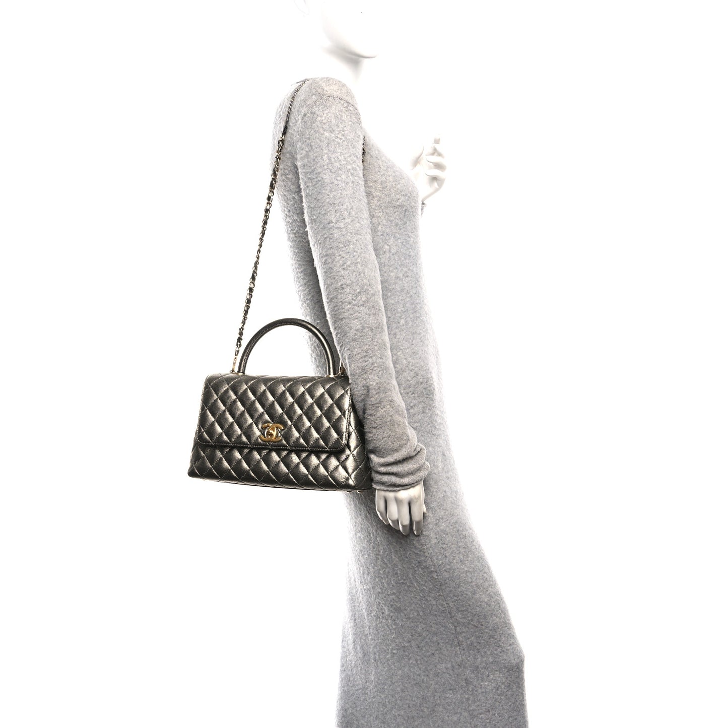 Metallic Caviar Quilted Small Coco Handle Flap Silver