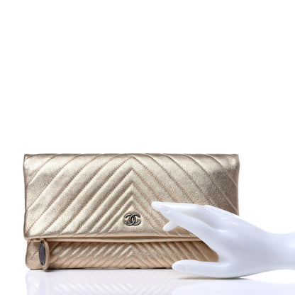 Chanel Metallic Calfskin Chevron Quilted CC Beauty Clutch Gold 2 of 11
