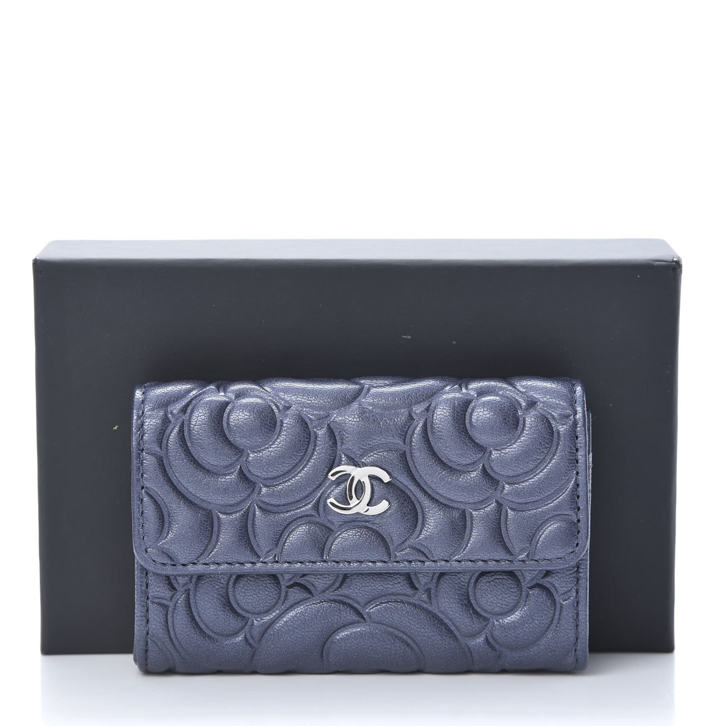 Goatskin Camellia Embossed Flap Card Holder Wallet Dark Blue