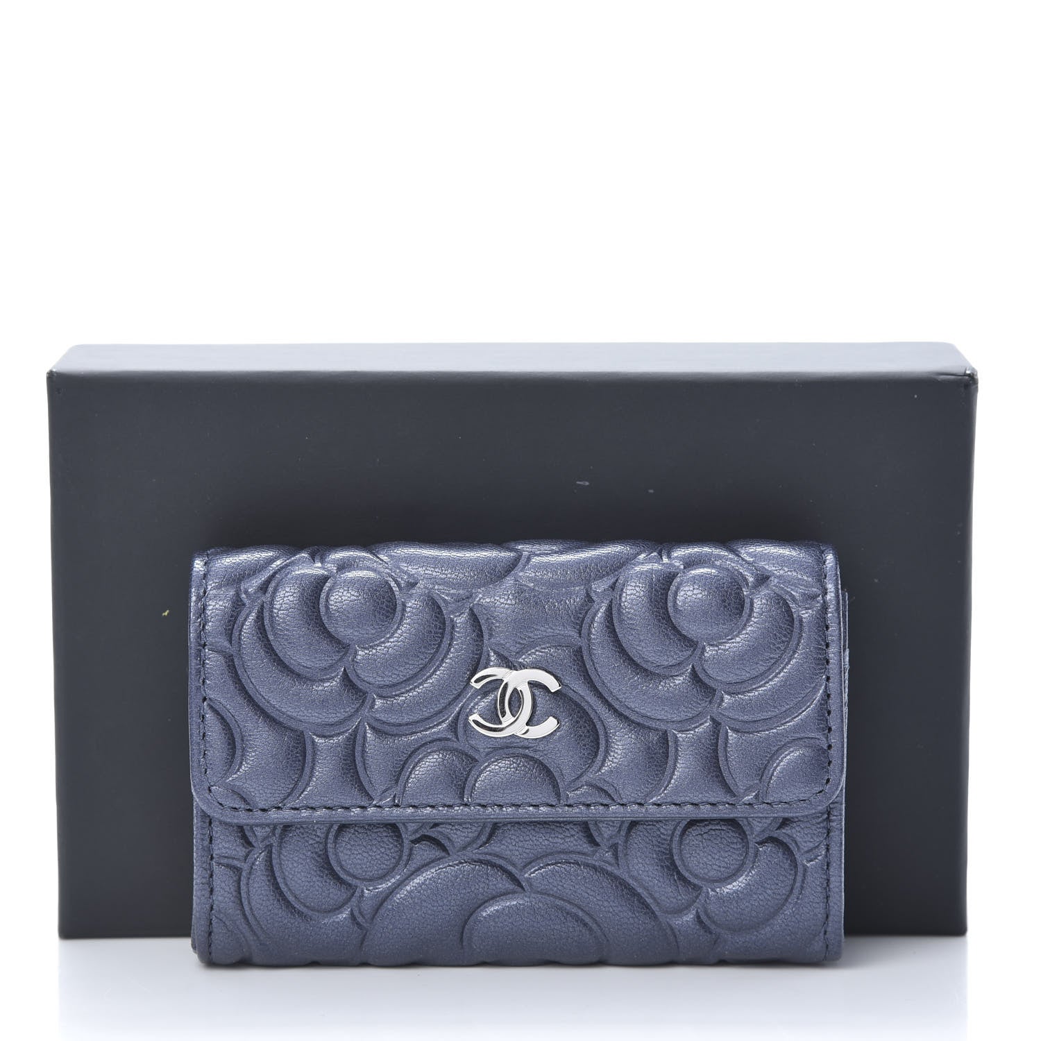 Chanel Goatskin Camellia Embossed Flap Card Holder Wallet Dark Blue 9 of 9