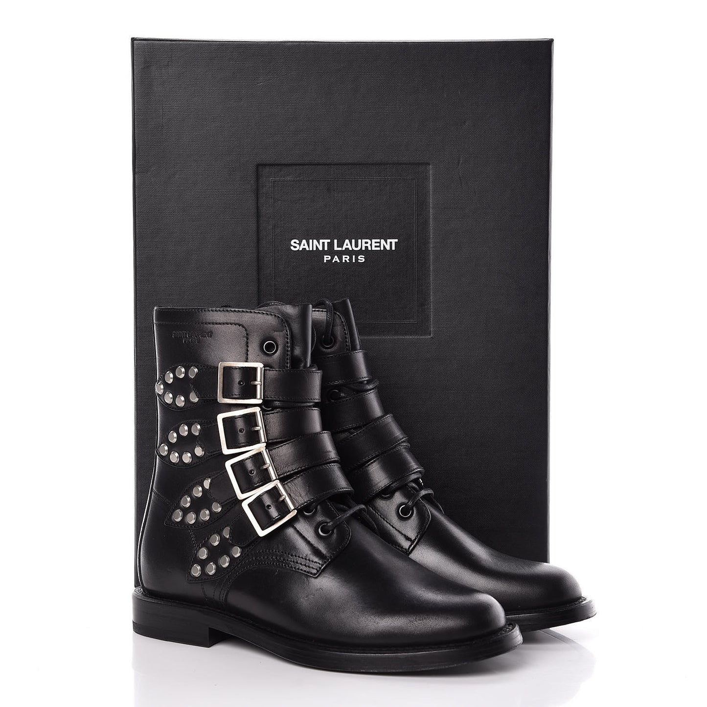 Smooth Calfskin Studded Strap Rangers Boots 37 Black