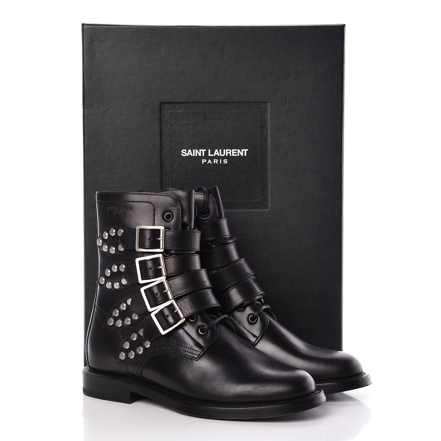 Saint Laurent Smooth Calfskin Studded Strap Rangers Boots 37 Black 11 of 11