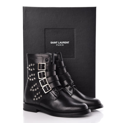Saint Laurent Smooth Calfskin Studded Strap Rangers Boots 37 Black 11 of 11