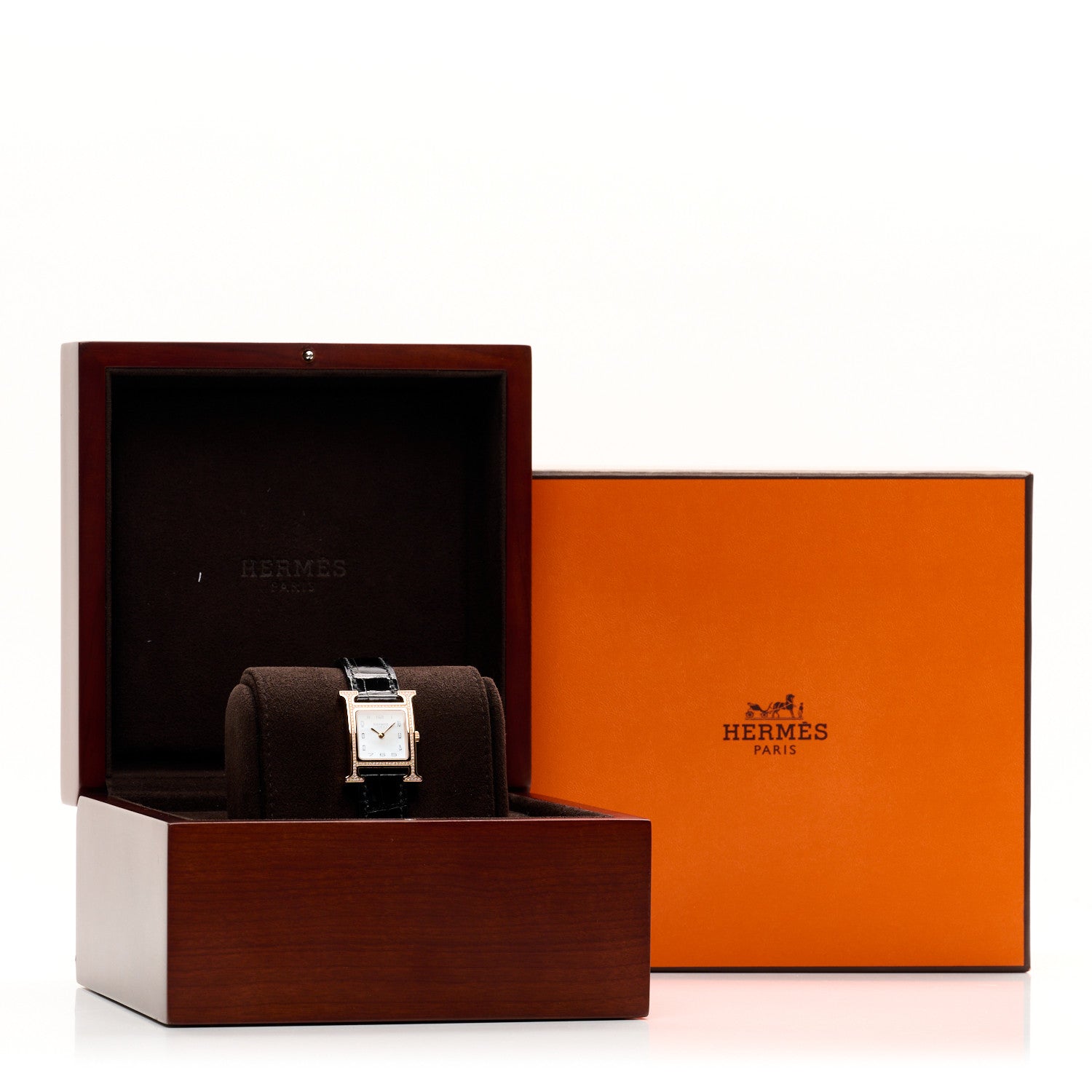 Hermes 18K Rose Gold Alligator Diamond Bezel Mother of Pearl 21mm Heure H Hour Quartz Watch Noir 5 of 5