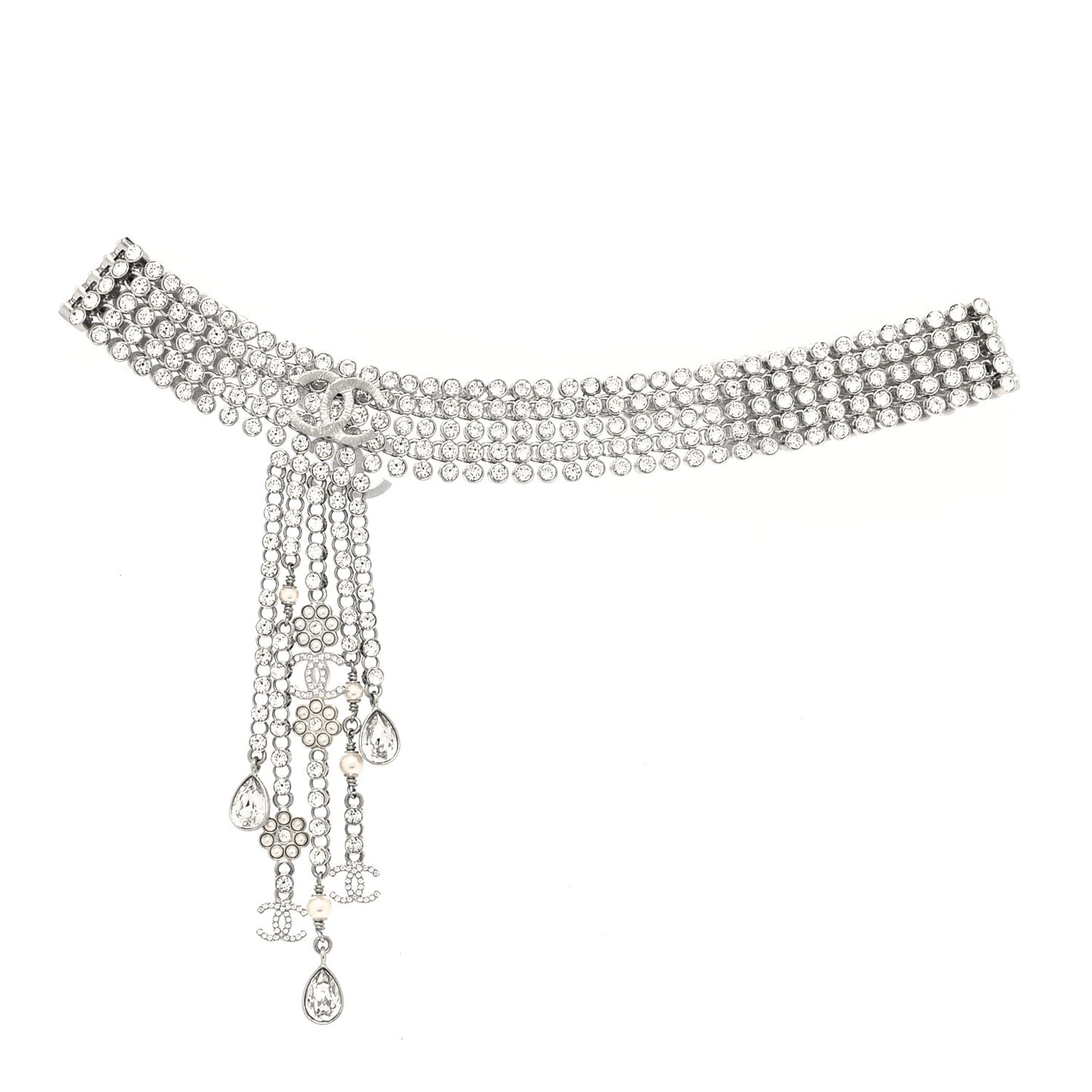 Crystal Pearl CC Choker Necklace Silver