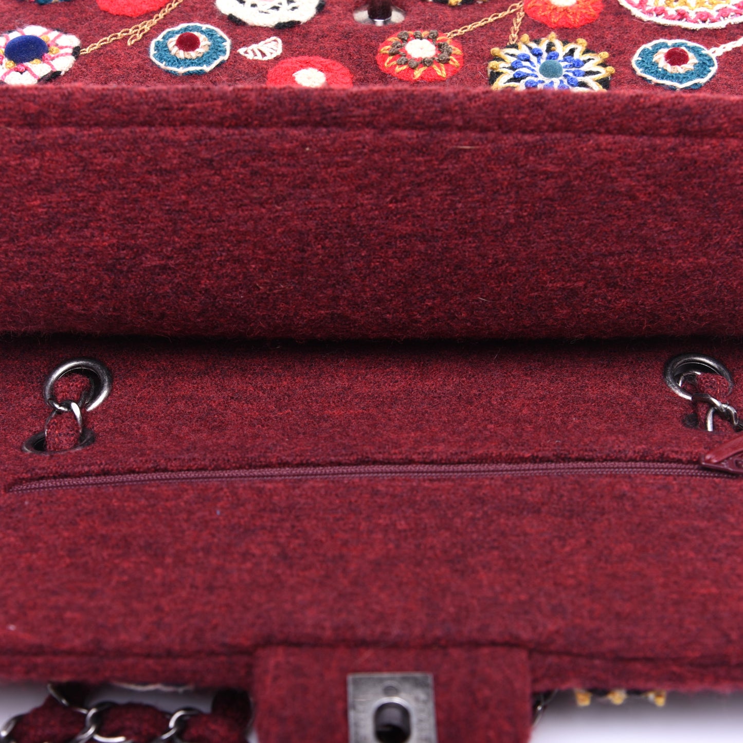 Felt Flower Embroidered Medium Double Flap Burgundy Multicolor
