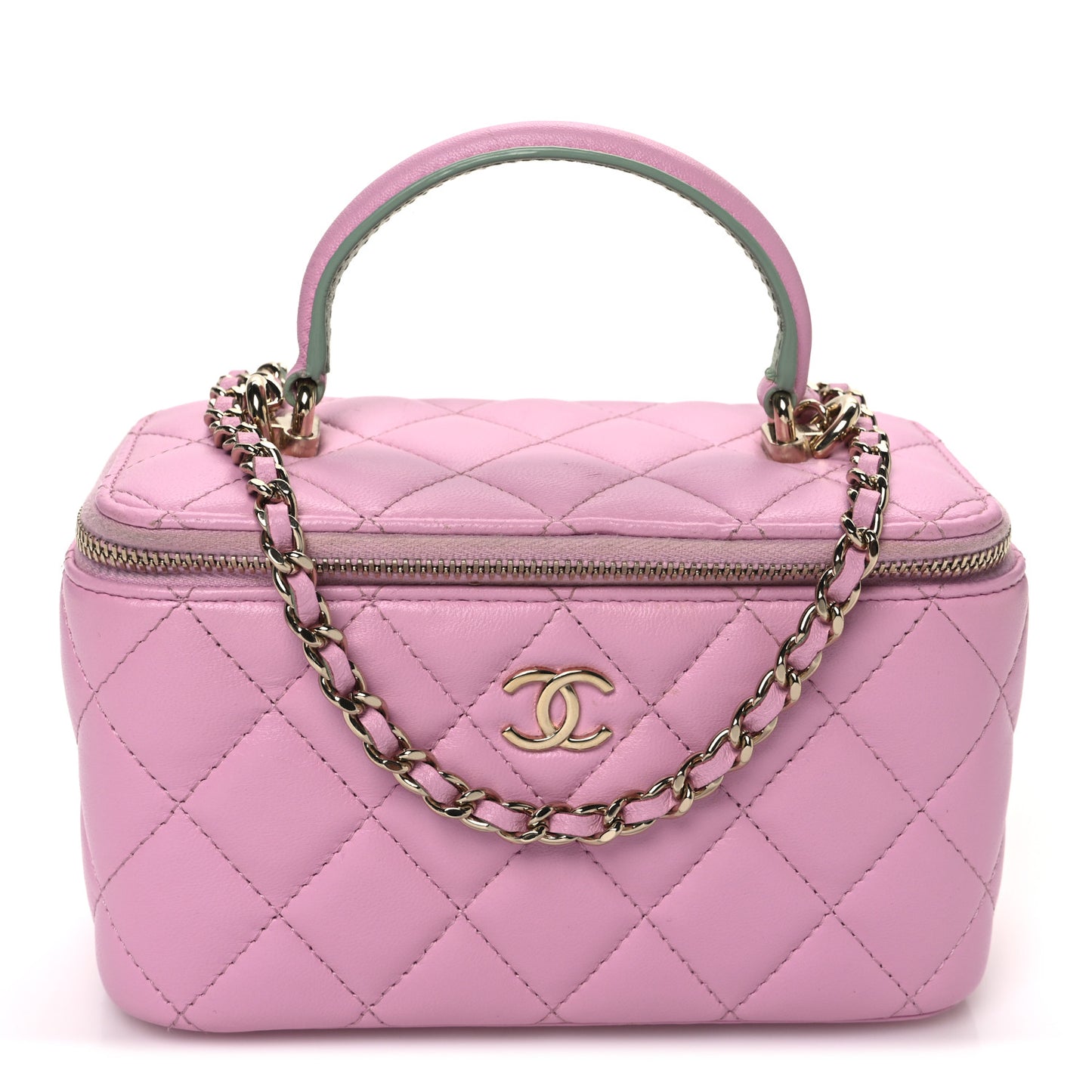 Lambskin Quilted Small Top Handle Vanity Case With Chain  Lilac Light Green