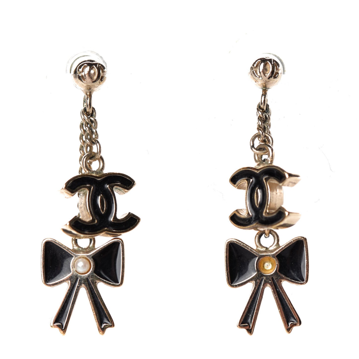 Enamel CC Bow Earrings Gold Black