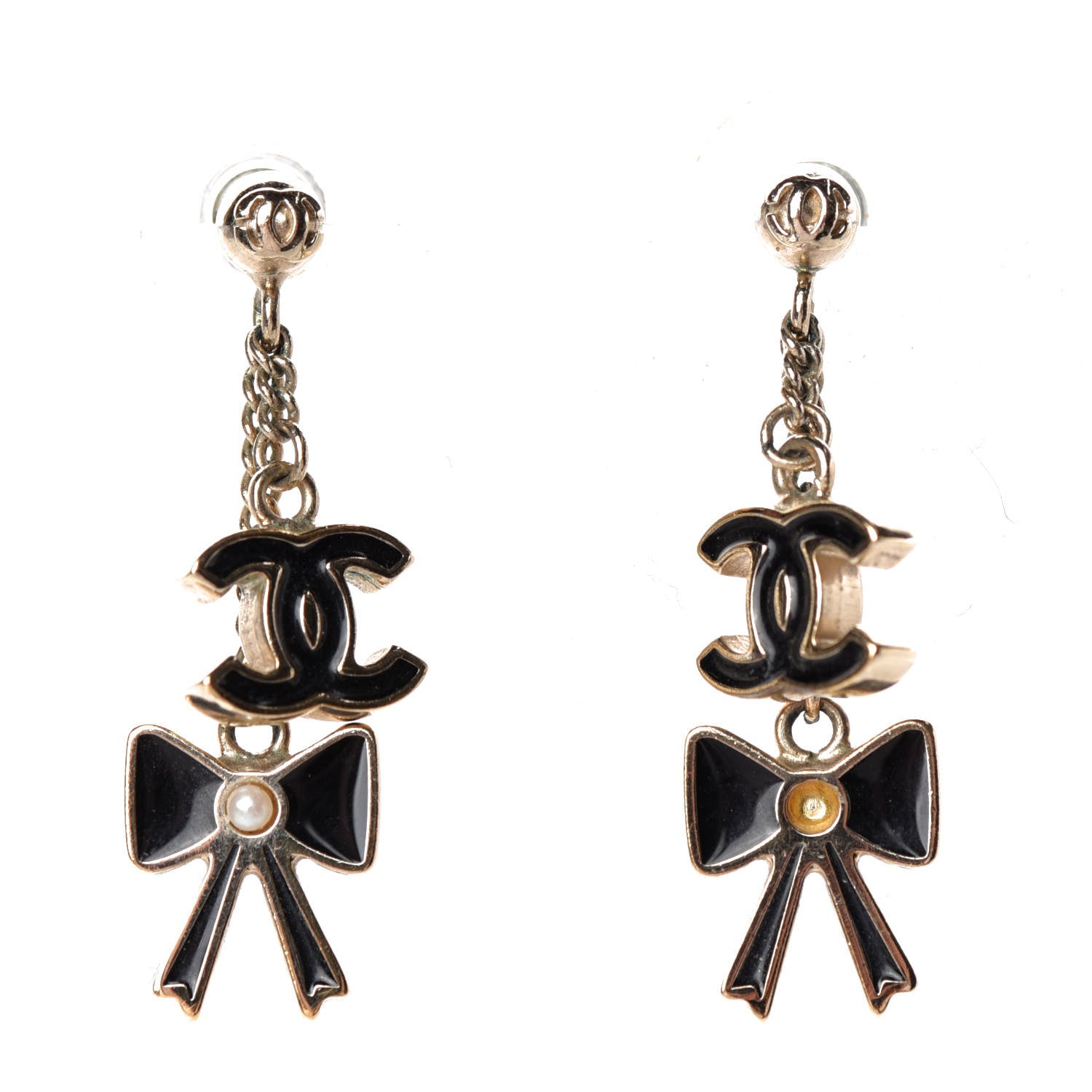 Chanel Enamel CC Bow Earrings Gold Black 1 of 4
