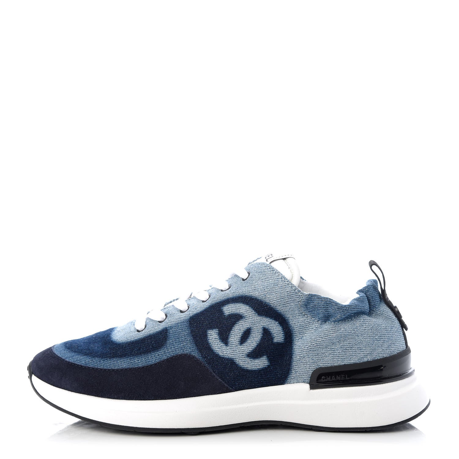 Chanel Denim Suede Calfskin Womens CC Sneakers 37 Blue White Black 1 of 10