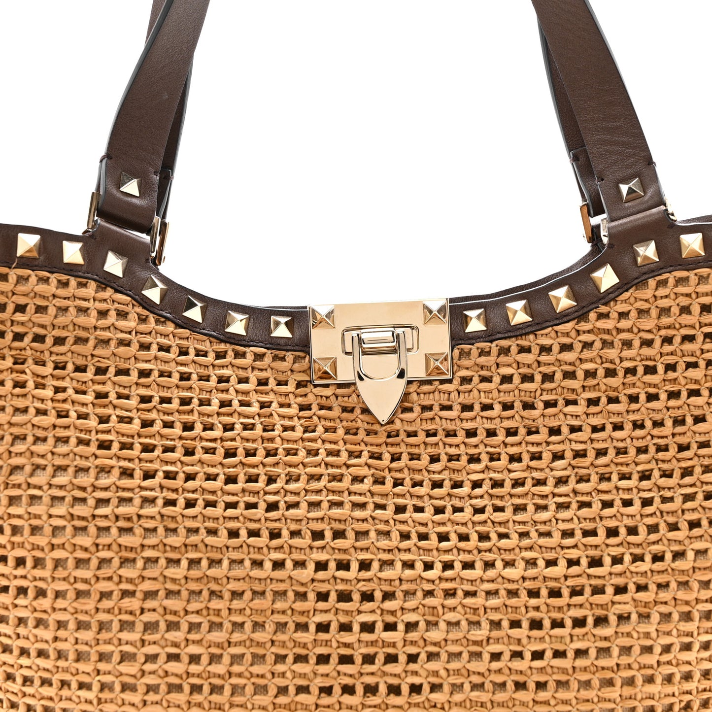 Synthetic Raffia Calfskin Rockstud Small Garden Tote Bag Tobacco Cacao
