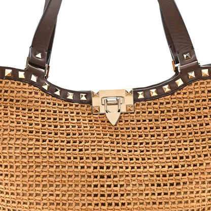 Valentino Garavani Synthetic Raffia Calfskin Rockstud Small Garden Tote Bag Tobacco Cacao 8 of 14
