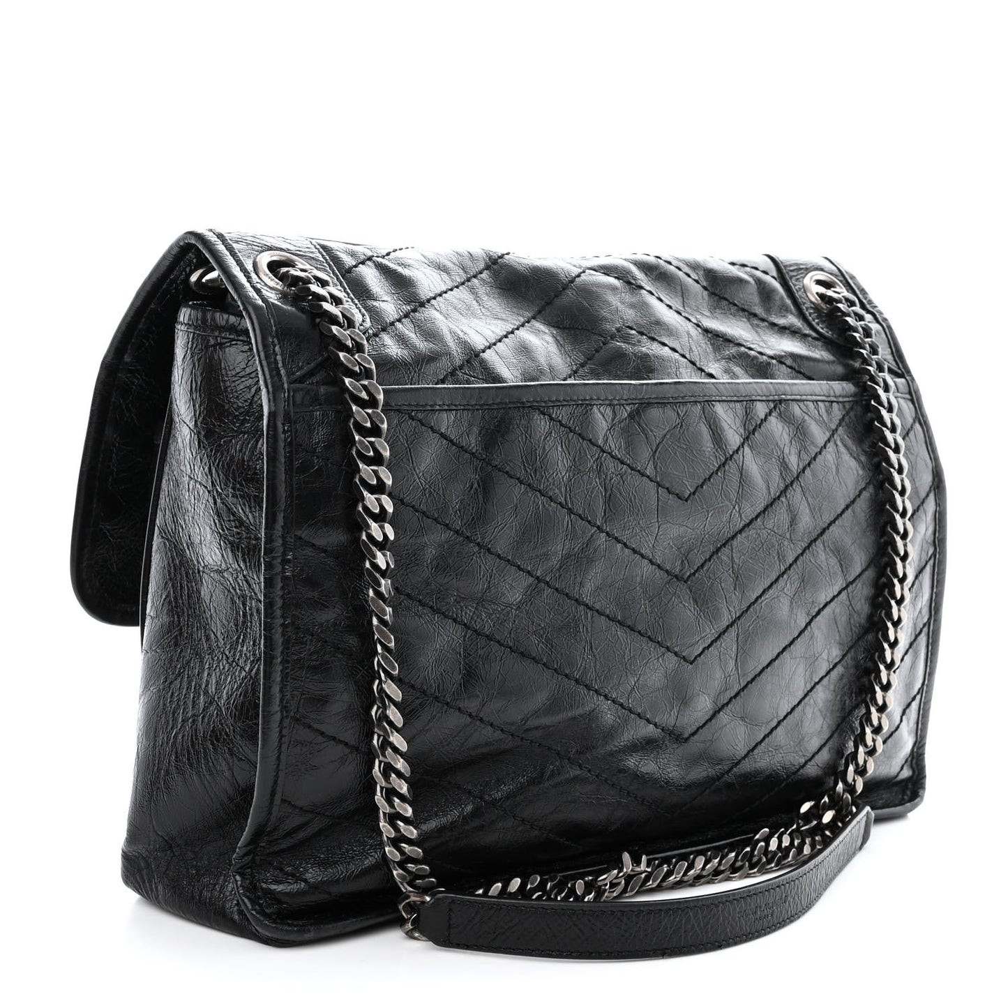 Crinkled Calfskin Matelasse Monogram Large Niki Chain Satchel Black