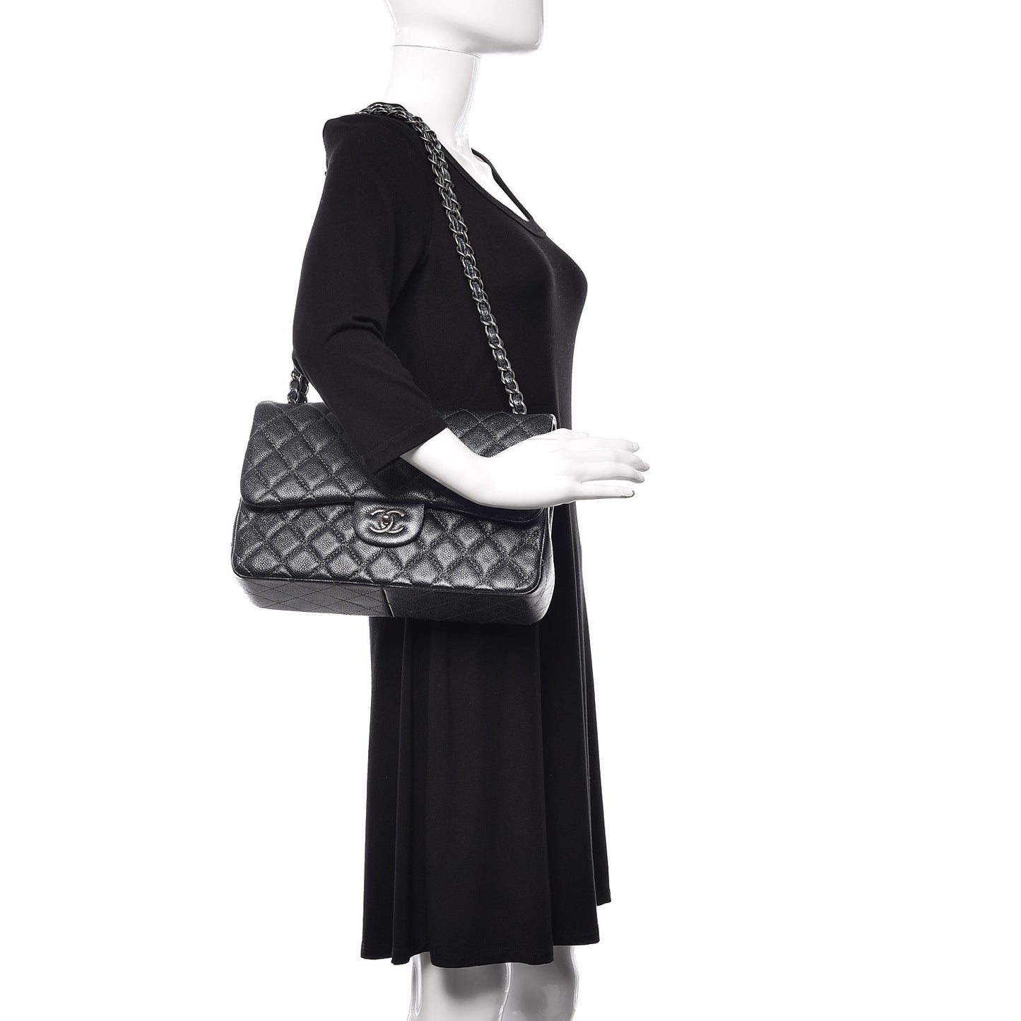 Pearly Caviar Quilted Jumbo Double Flap Black