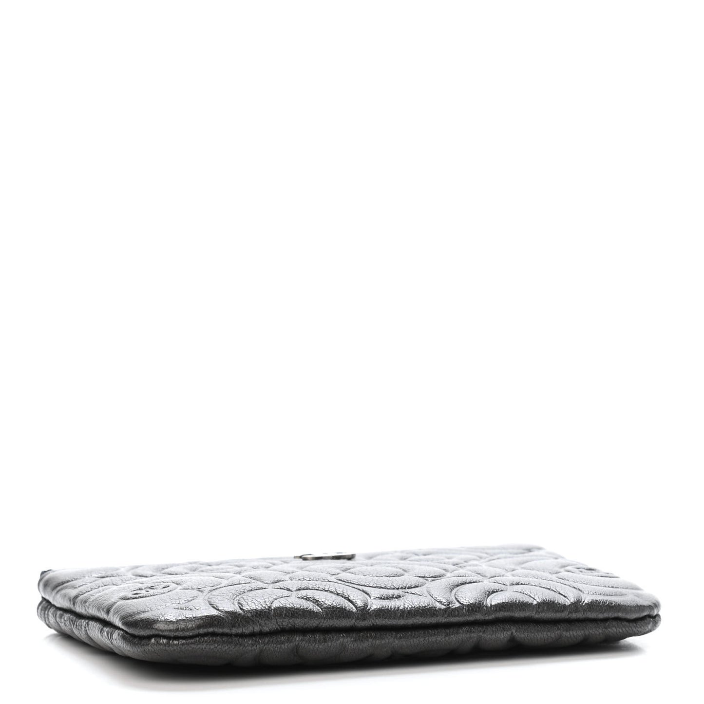 Goatskin Camellia Embossed Cosmetic Pouch Anthracite