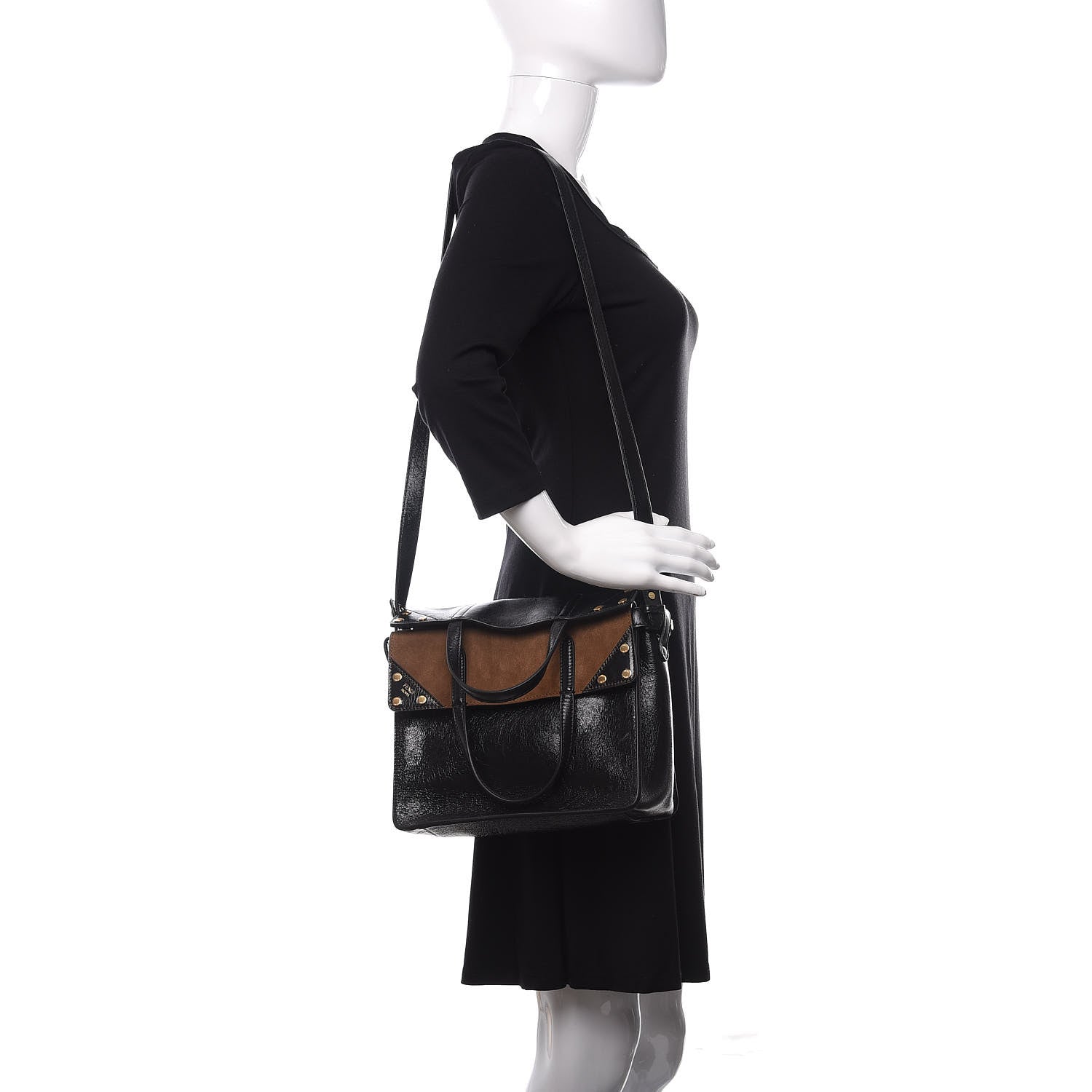 Fendi Agnello Old Shine Vitello Go Rain Small Flip Tote Black Marrone 3 of 12
