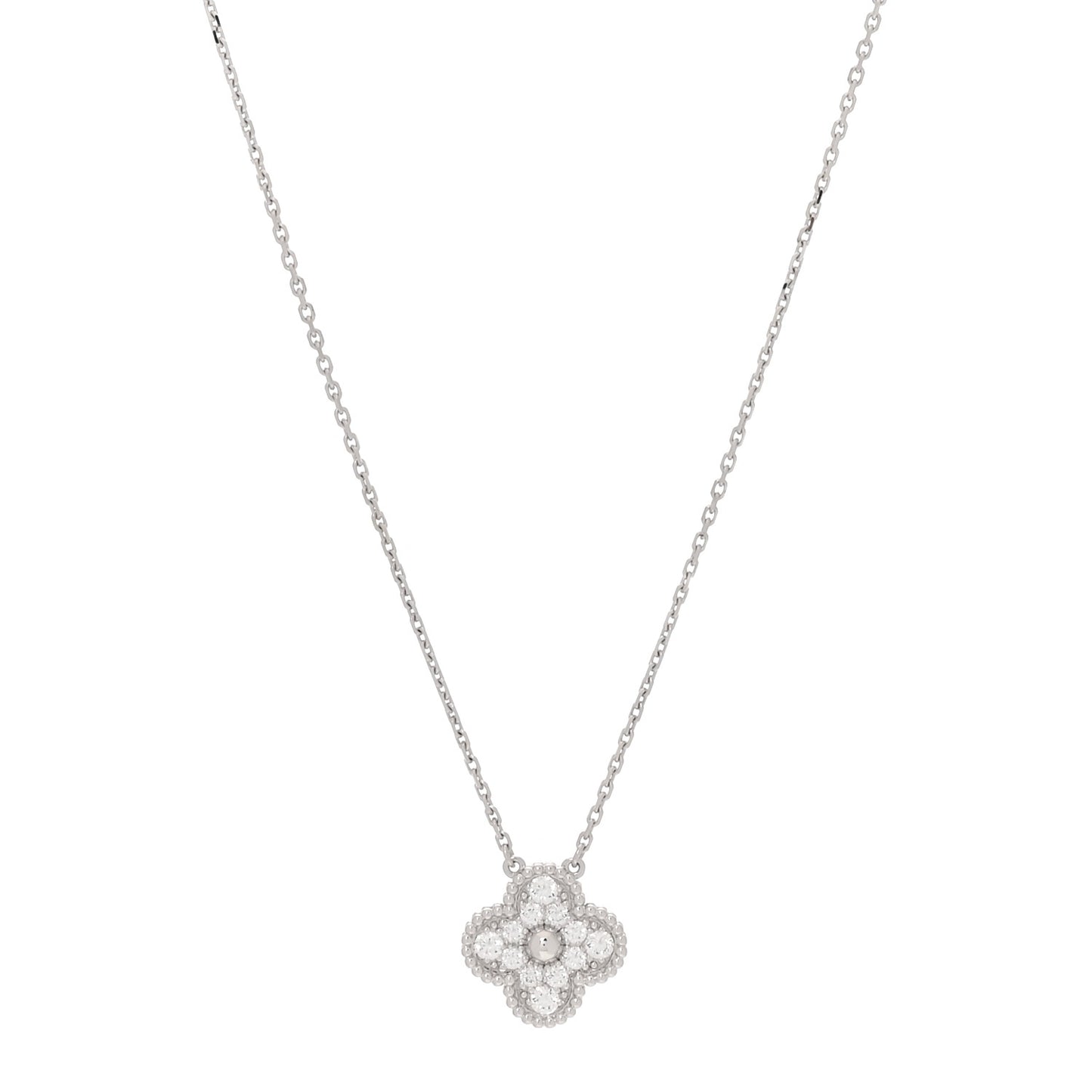 18K White Gold Diamond Vintage Alhambra Pendant Necklace