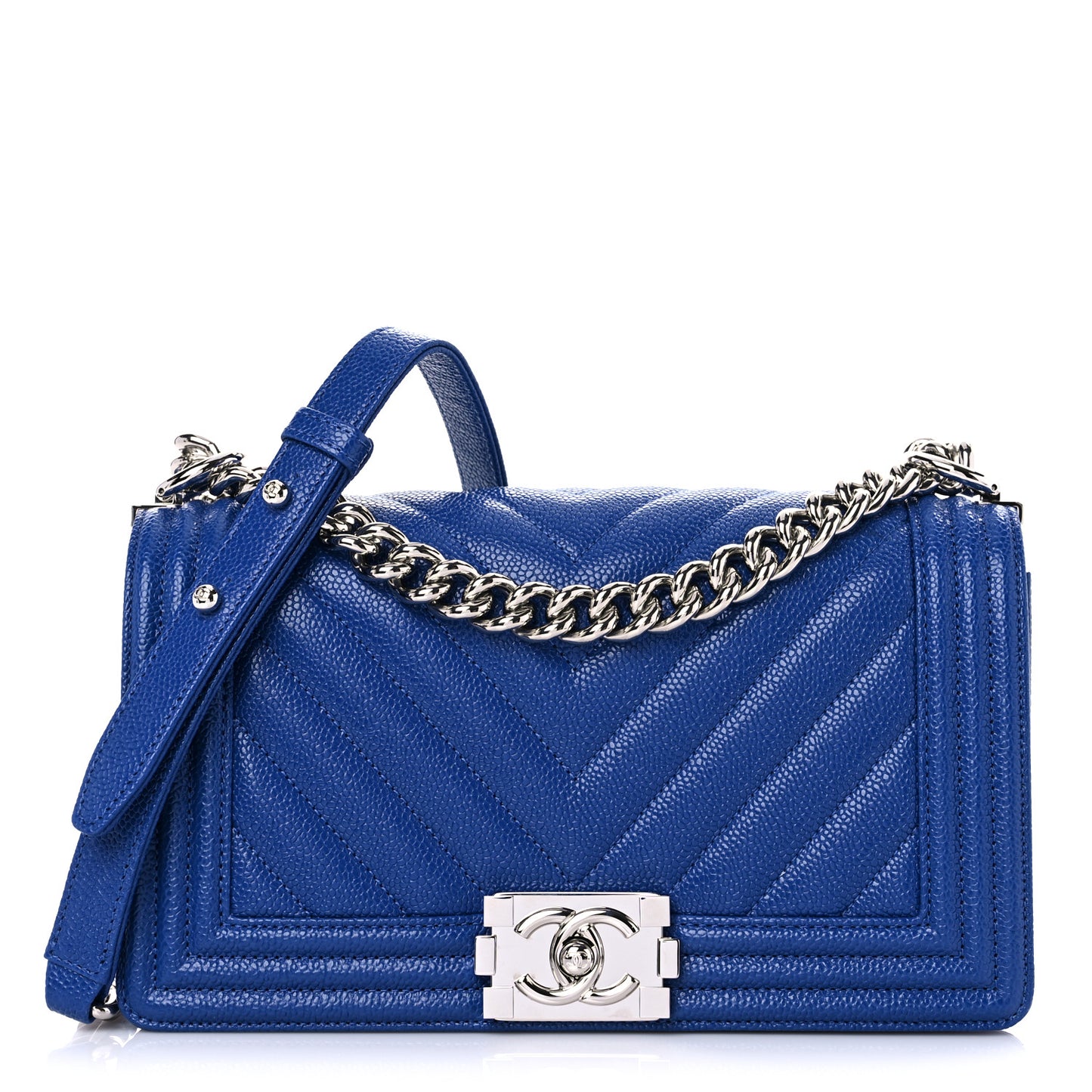 Caviar Chevron Quilted Medium Boy Flap Dark Blue