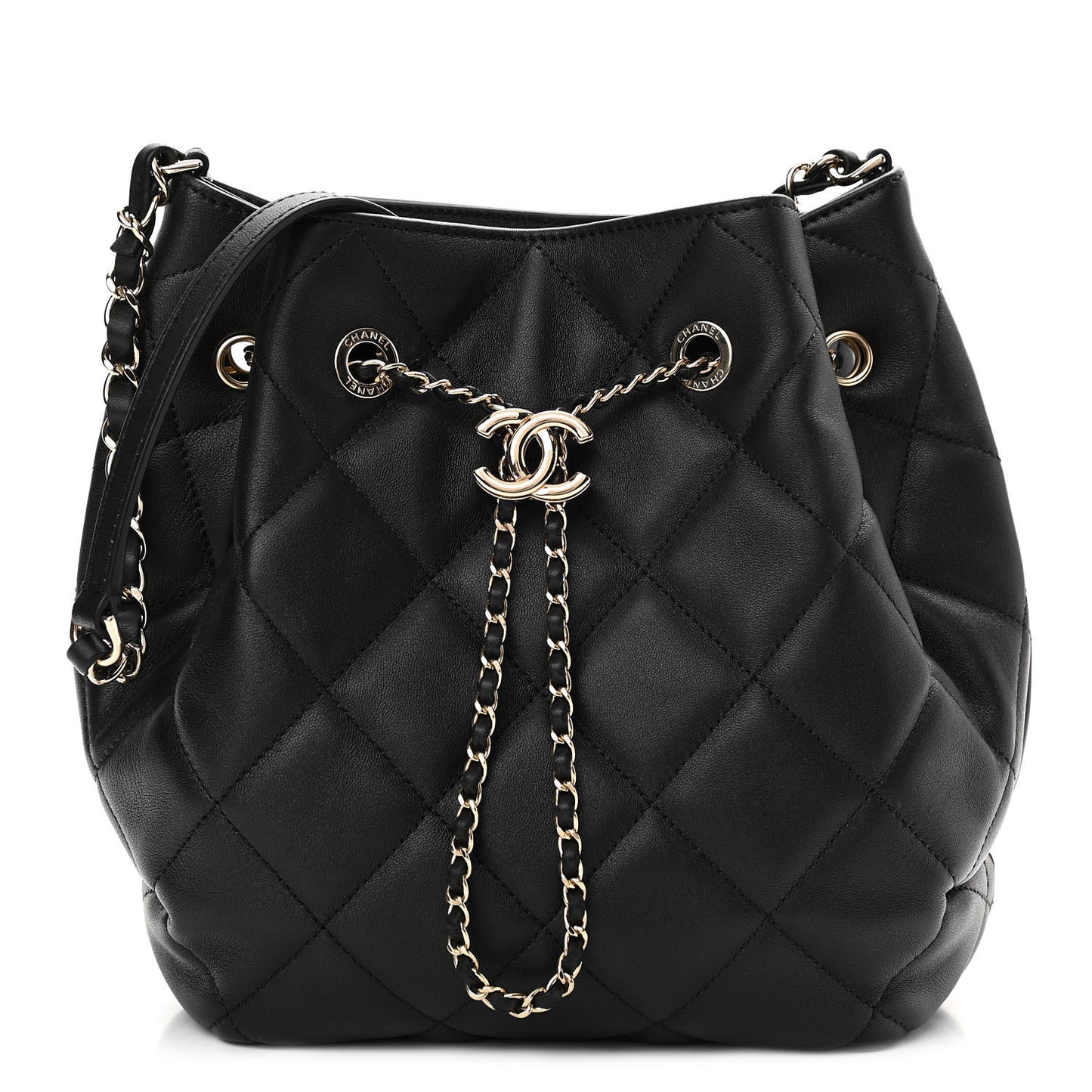 Lambskin Quilted CC Dweller Drawstring Bucket Bag Black