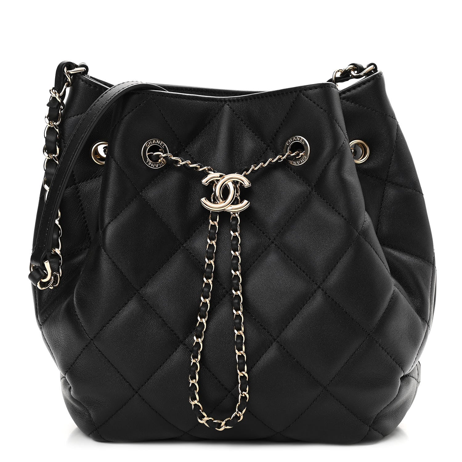 Chanel Lambskin Quilted CC Dweller Drawstring Bucket Bag Black 1 of 10