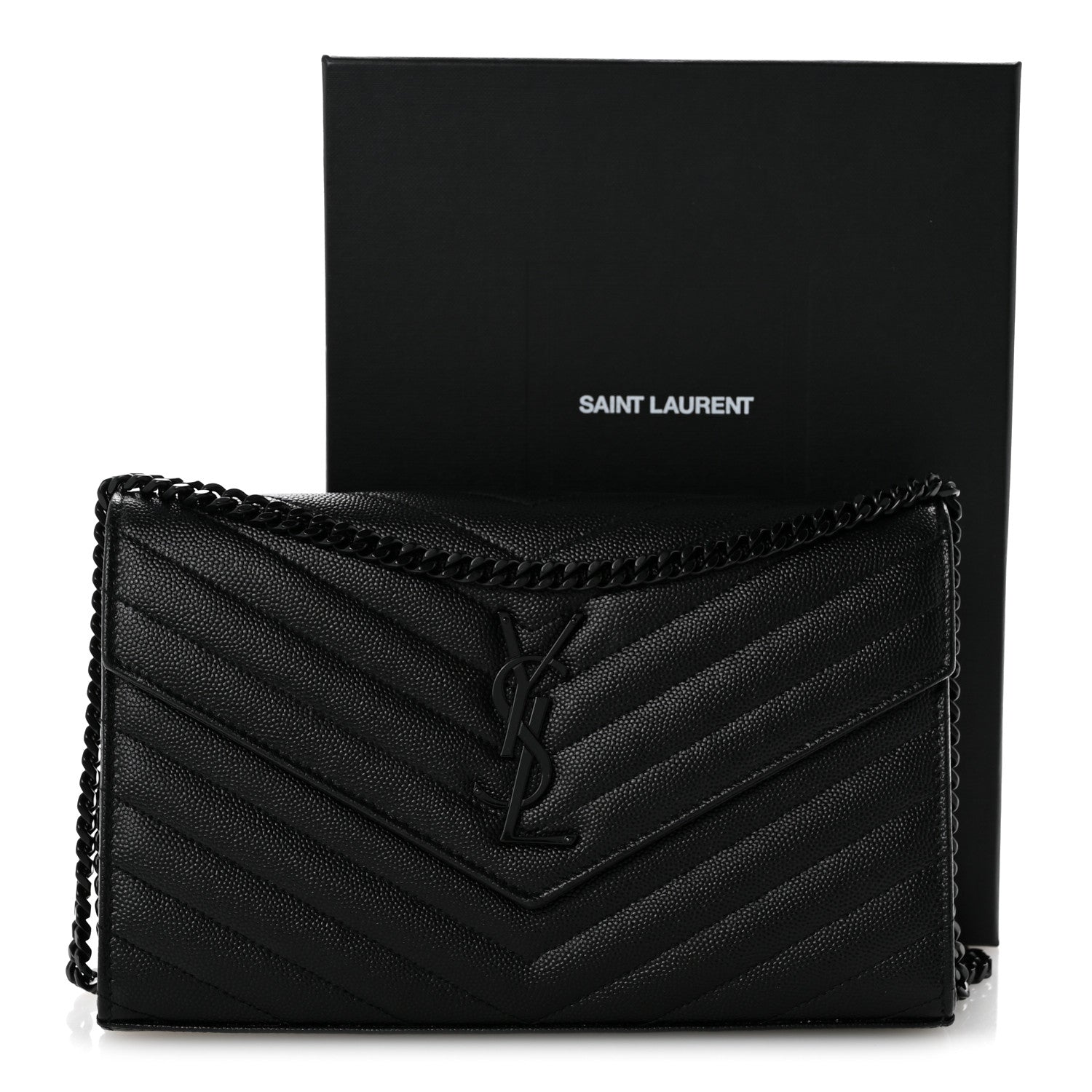 Saint Laurent Grain De Poudre Matelasse Chevron Monogram Monochrome Chain Wallet Black 12 of 12