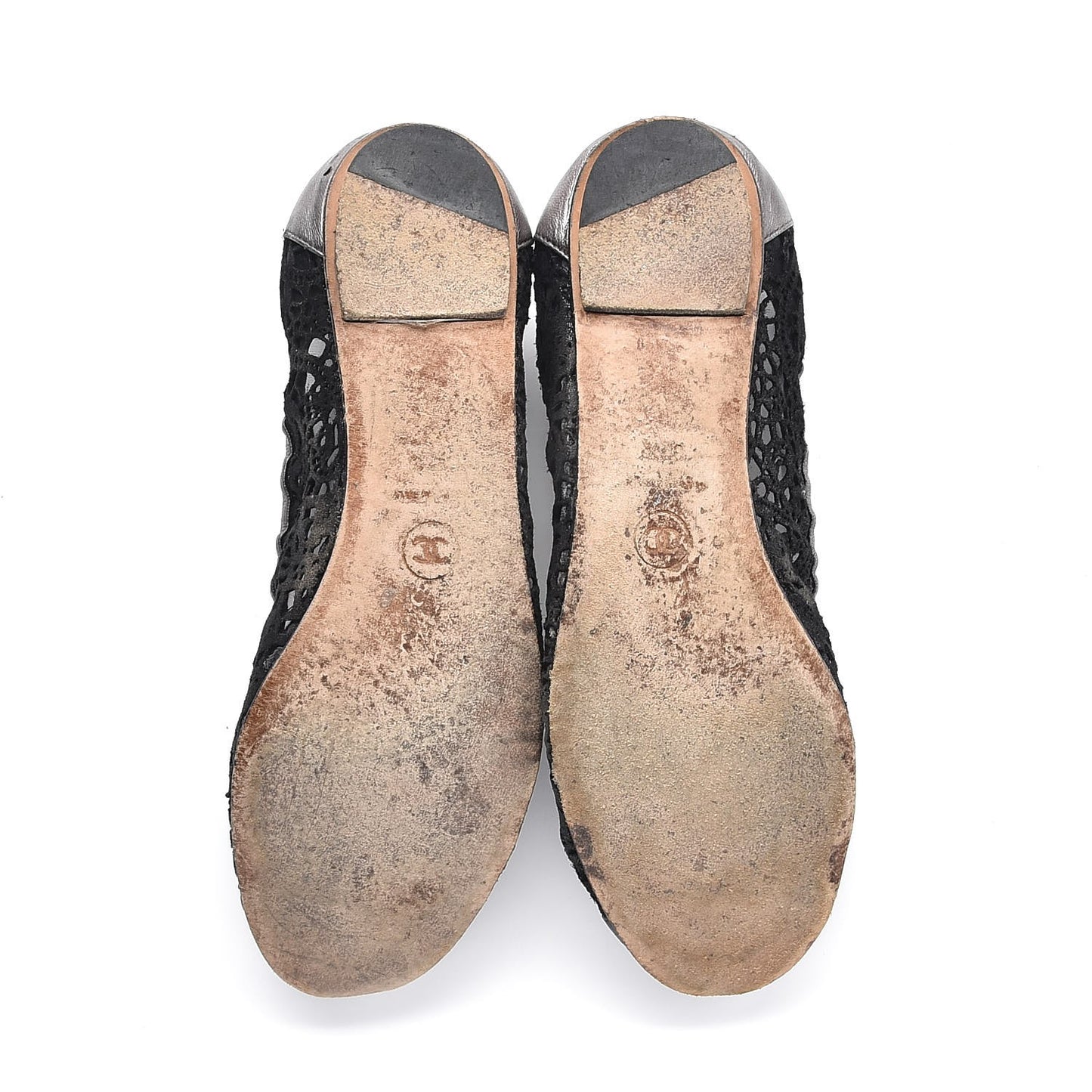 Metallic Calfskin Lace Pearl CC Cap Toe Elastic Ballerina Flats 37.5 Black