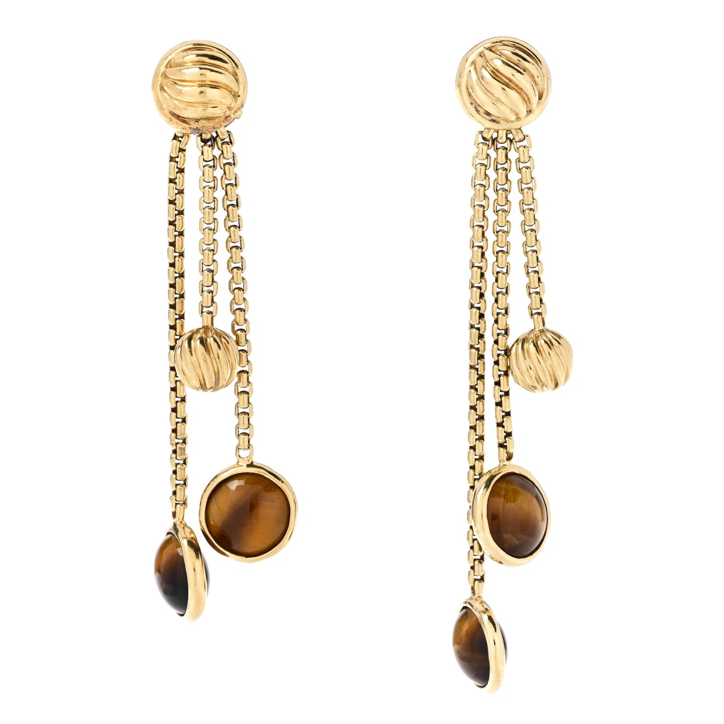 18K Yellow Gold Tiger's Eye Cable 3 Drop Earrings