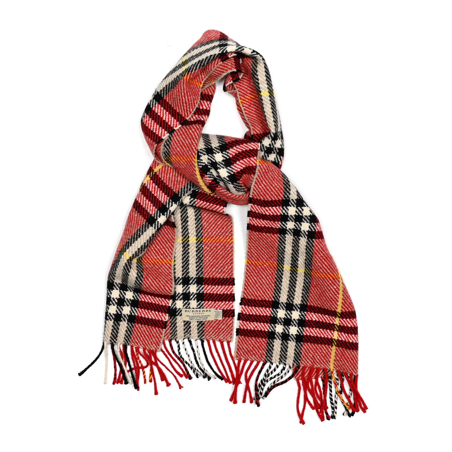 Burberry Wool Cashmere Check Fringe Scarf Red Black 1 of 3