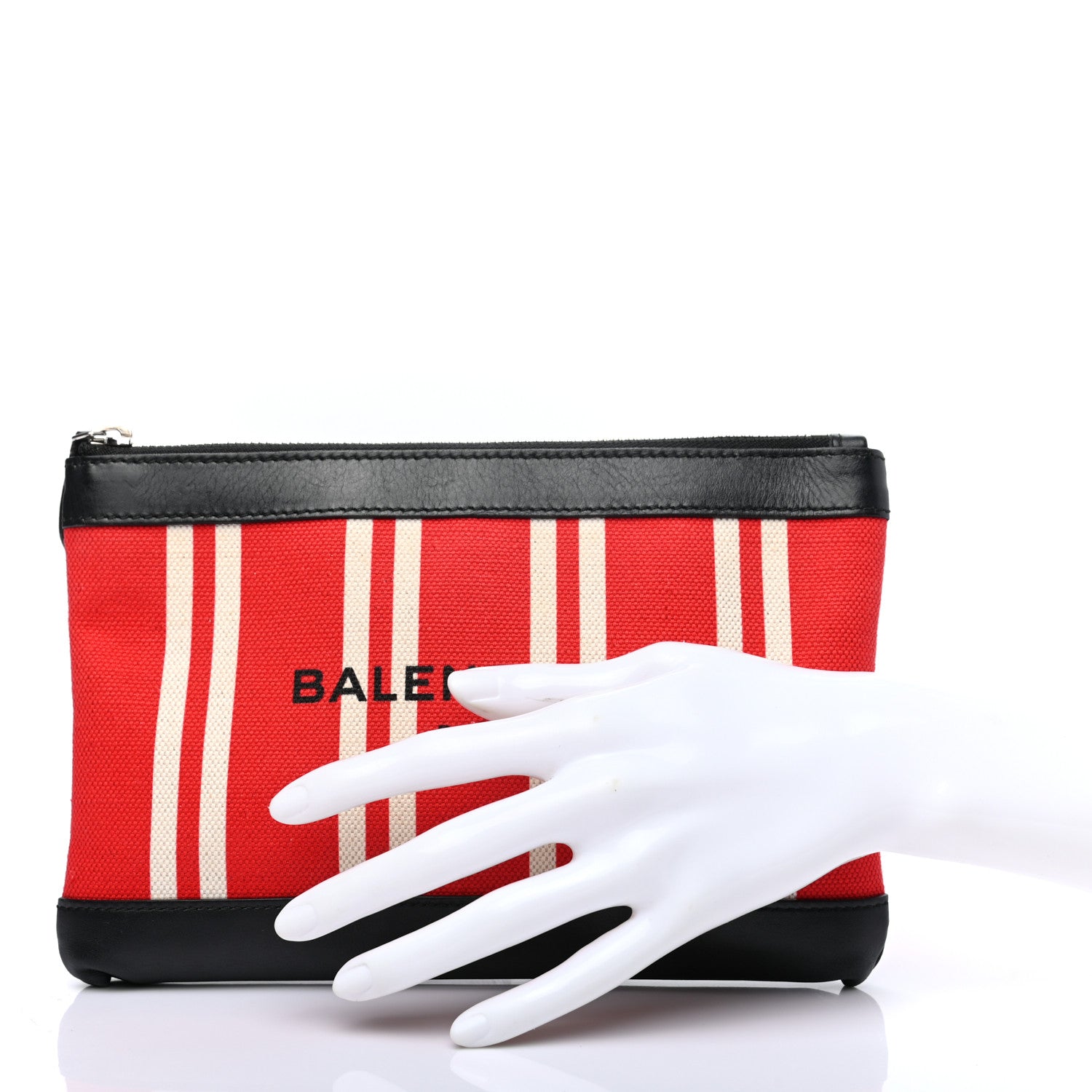 Balenciaga Calfskin Cotton Canvas Striped Logo Clutch Red 2 of 8