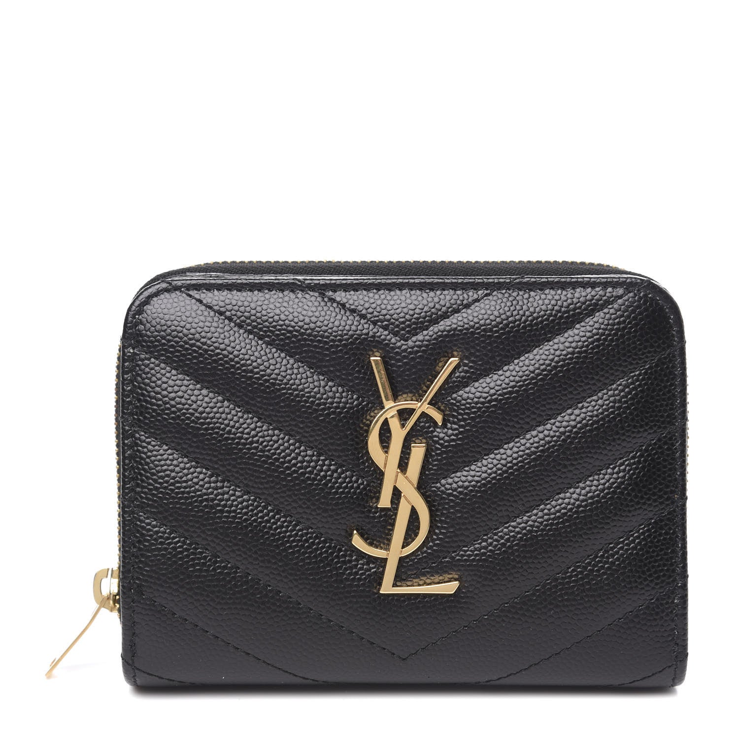 Saint Laurent Grain De Poudre Matelasse Chevron Monogram Compact Zip Around Wallet Black 1 of 8