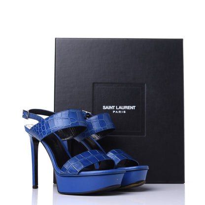 Saint Laurent Calfskin Crocodile Embossed 80 Platform Ankle Strap Sandals 35 Blue 12 of 12
