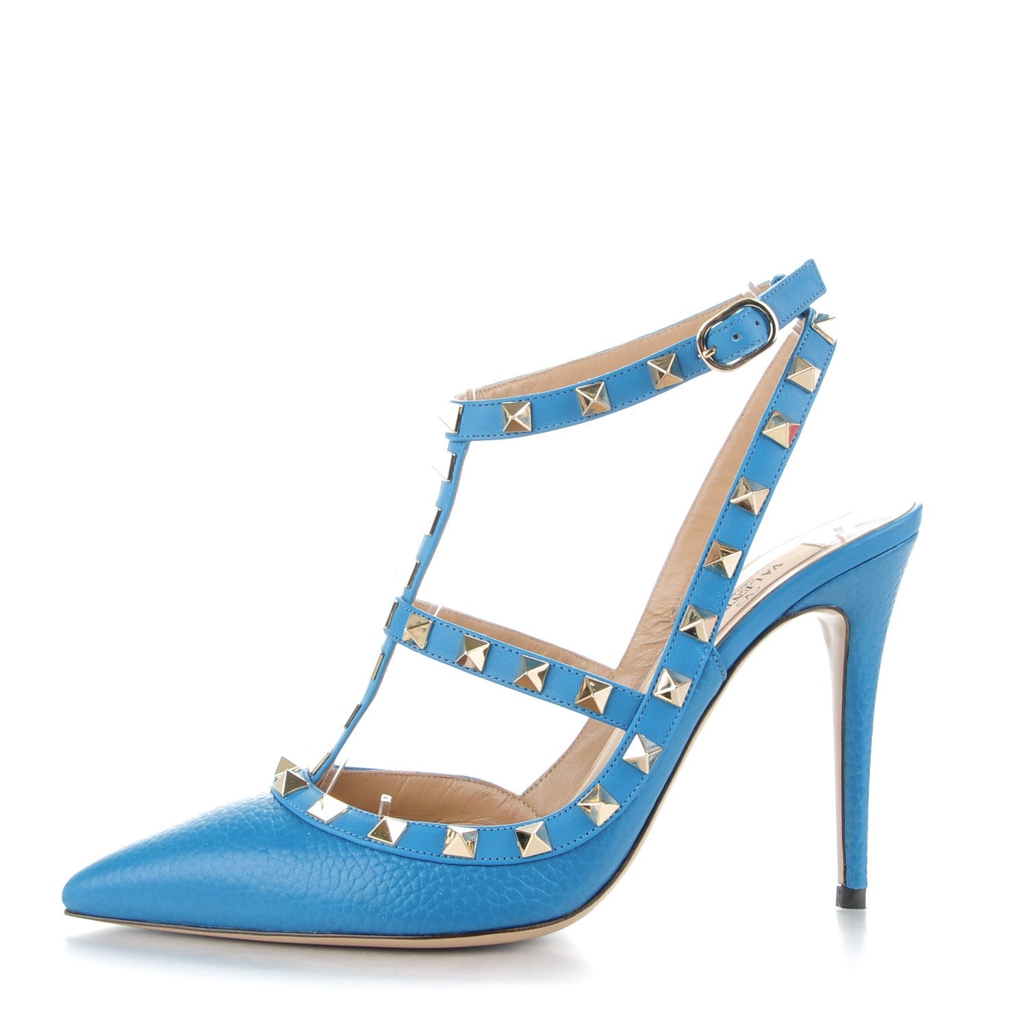 Valentino Garavani Pebbled Calfskin Rockstud Ankle Strap Pumps 38 Light Blue 1 of 8