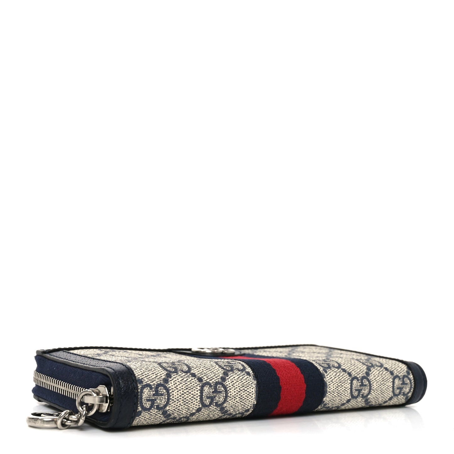 GG Supreme Monogram Textured Dollar Calfskin Web Ophidia Zip Around Wallet Beige Blue