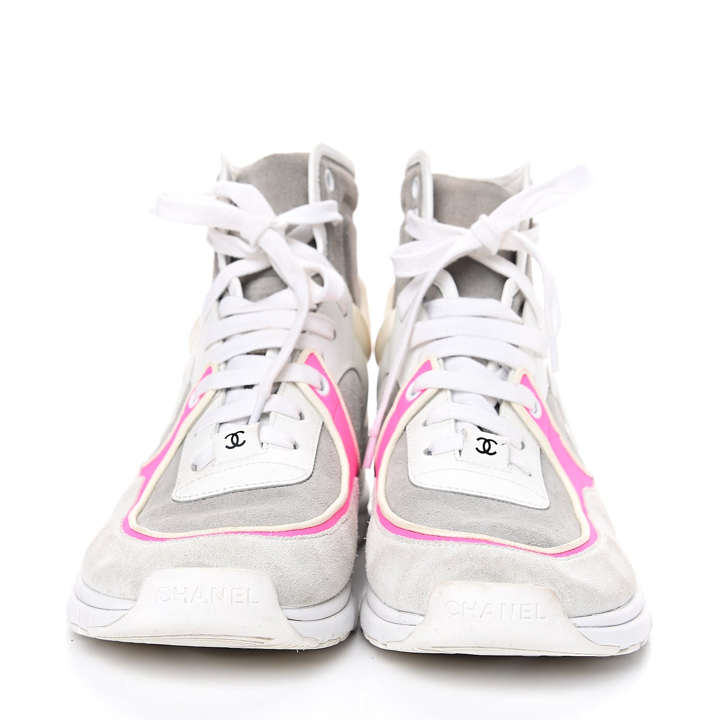 Suede Calfskin Lambskin Neoprene High Top CC Sneakers 39 White Grey Fluo Pink