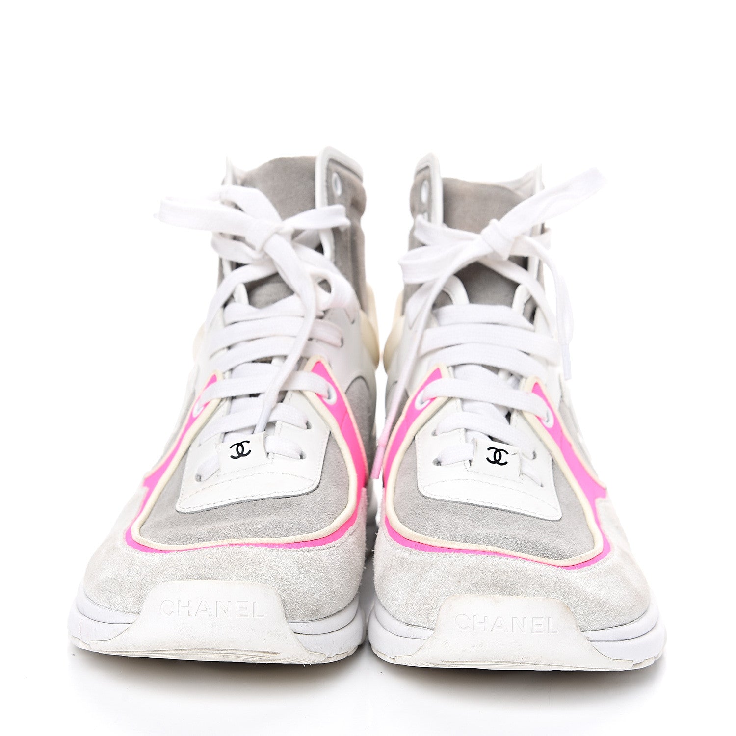 Chanel Suede Calfskin Lambskin Neoprene High Top CC Sneakers 39 White Grey Fluo Pink 2 of 11