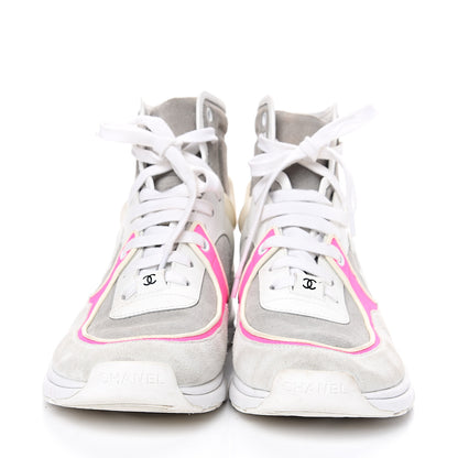 Chanel Suede Calfskin Lambskin Neoprene High Top CC Sneakers 39 White Grey Fluo Pink 2 of 11