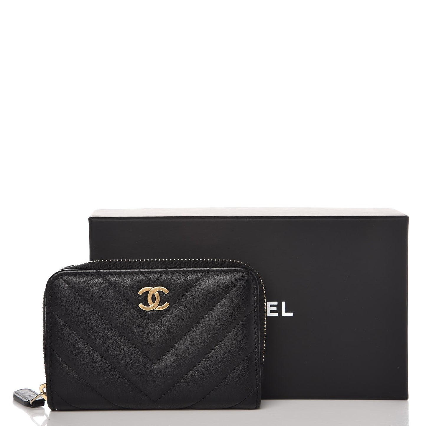 Calfskin Chevron Quilted Zip Around Coin Purse Black
