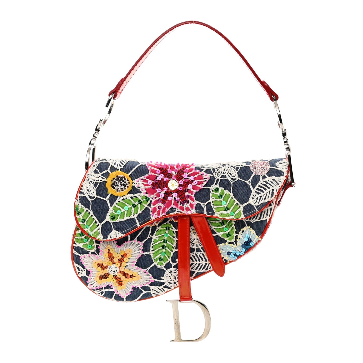 Denim Embroidered Sequin Saddle Bag Multicolor