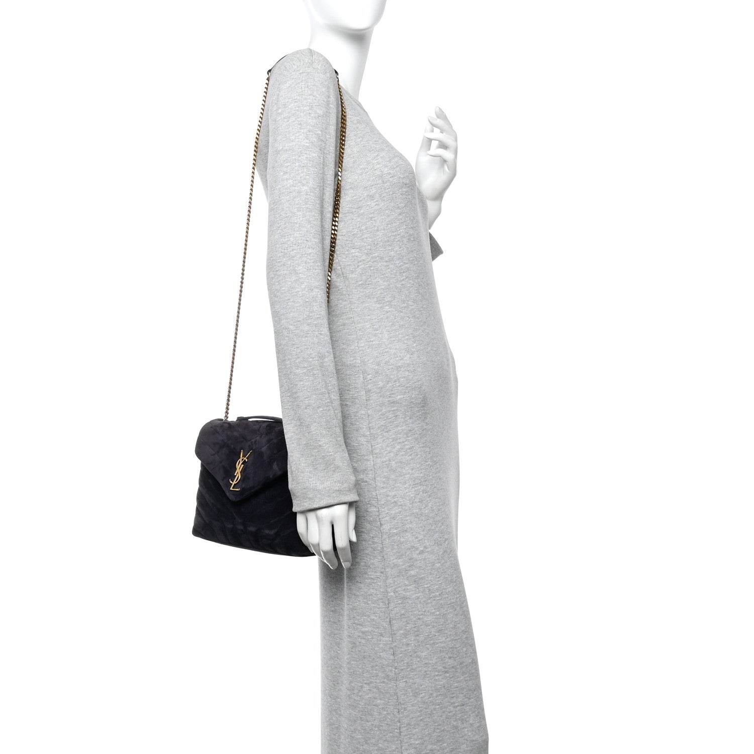 Saint Laurent Suede Calfskin Y Quilted Monogram Small Loulou Chain Satchel Deep Marine 2 of 10