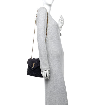 Saint Laurent Suede Calfskin Y Quilted Monogram Small Loulou Chain Satchel Deep Marine 2 of 10