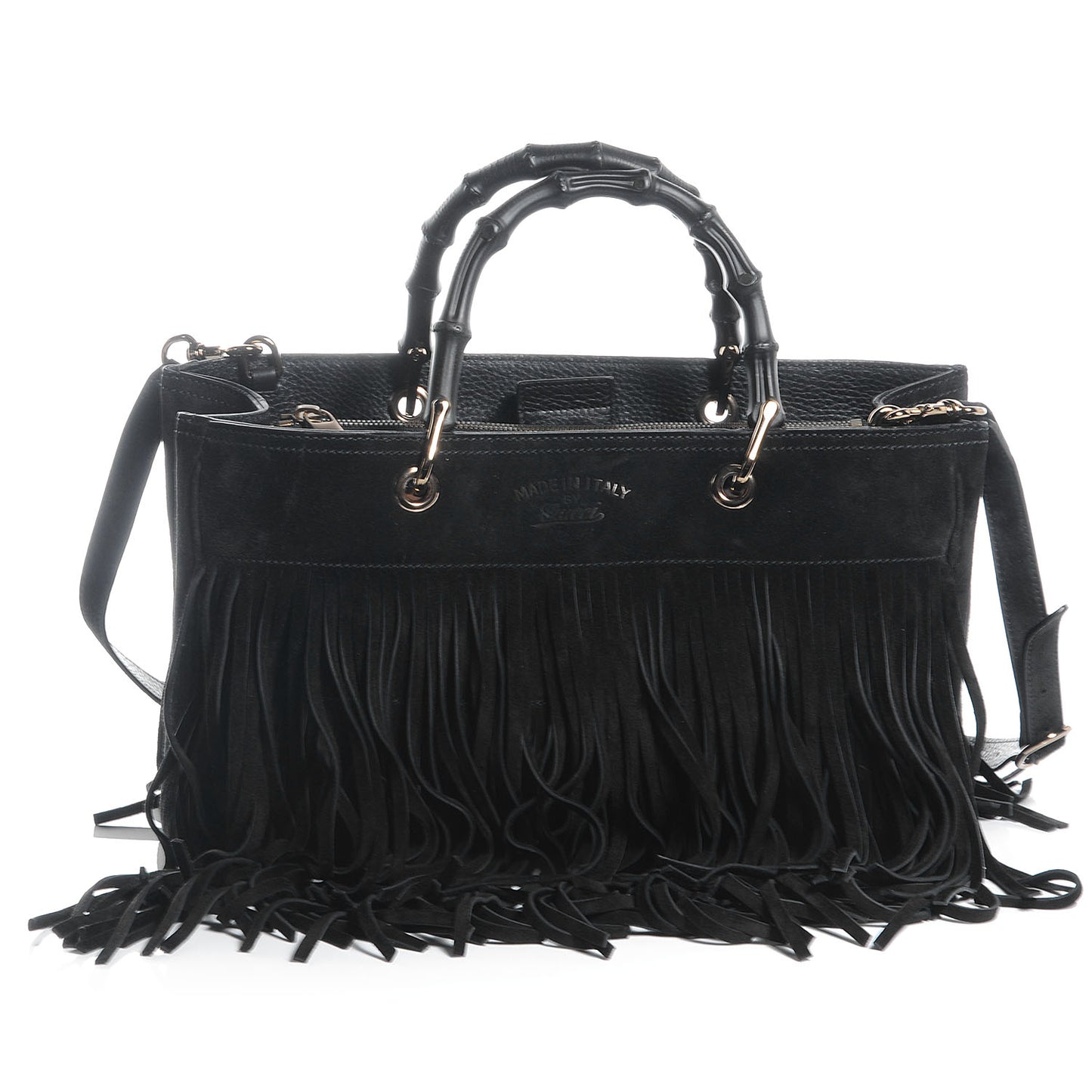 Suede Bamboo Fringe Medium Shopper Tote Black
