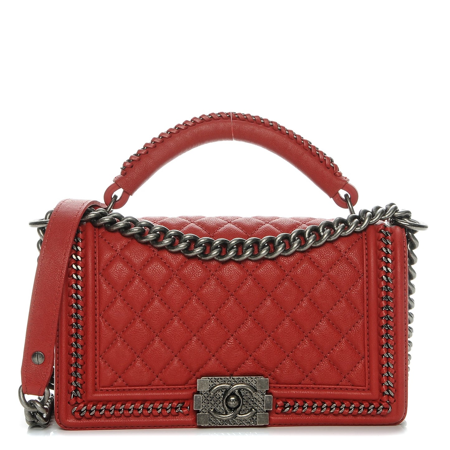 Calfskin Quilted Medium Top Handle Boy Flap Red