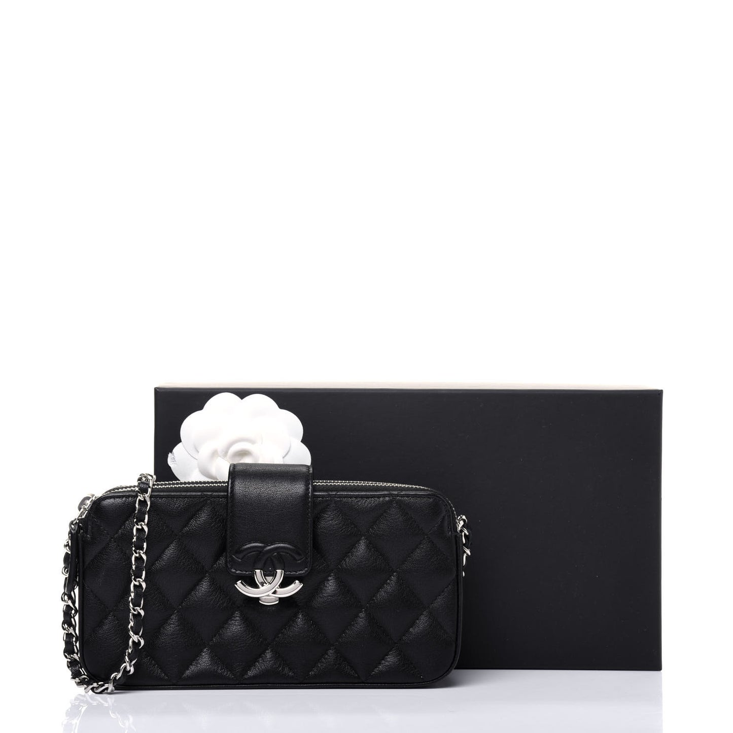 Goatskin Quilted CC Box Clutch With Chain Black