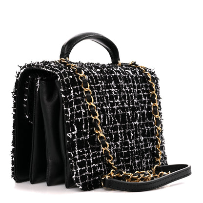 Chanel Tweed Lambskin Quilted Top Handle Flap Black White 3 of 12