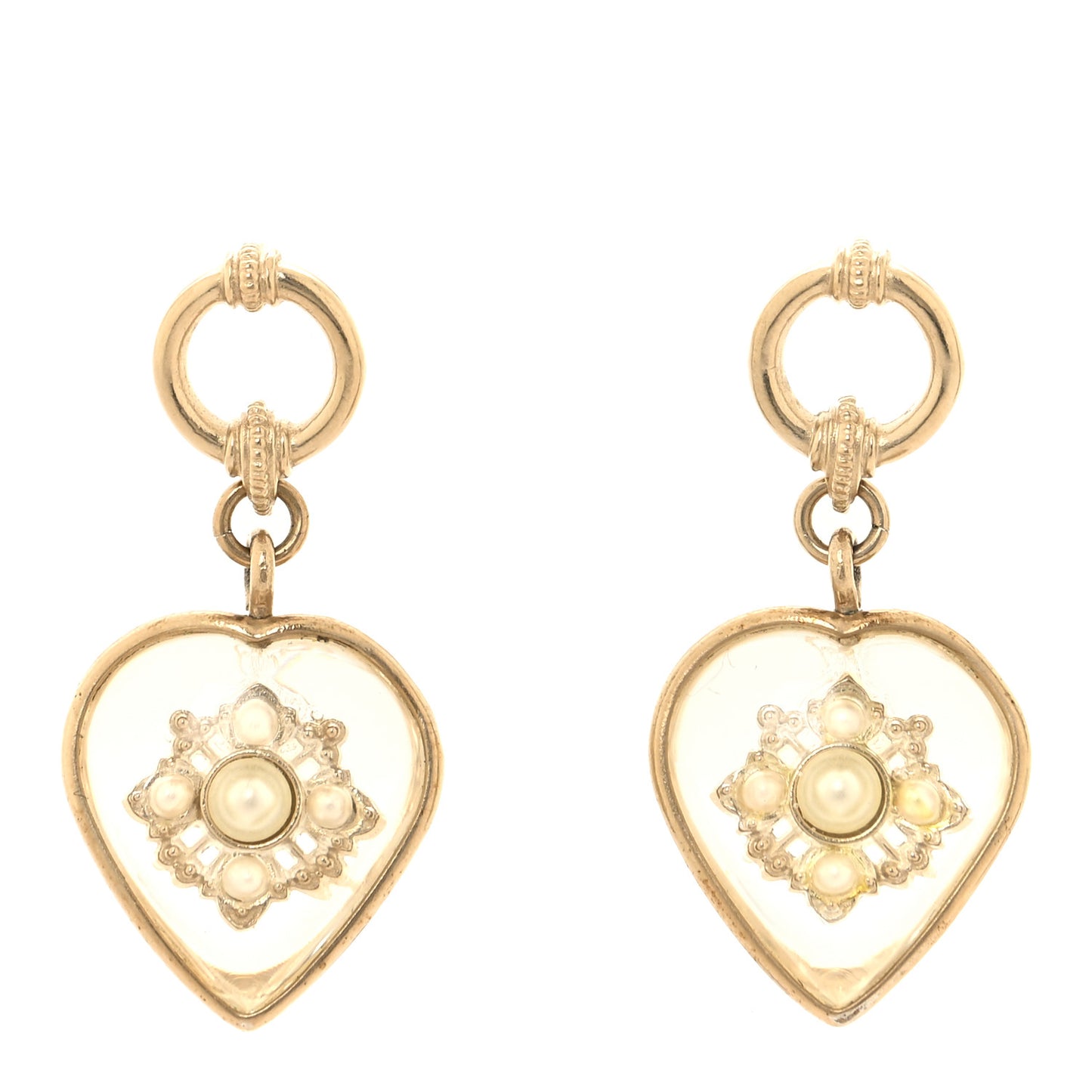 Crystal Pearl Heart CC Drop Earrings Transparent