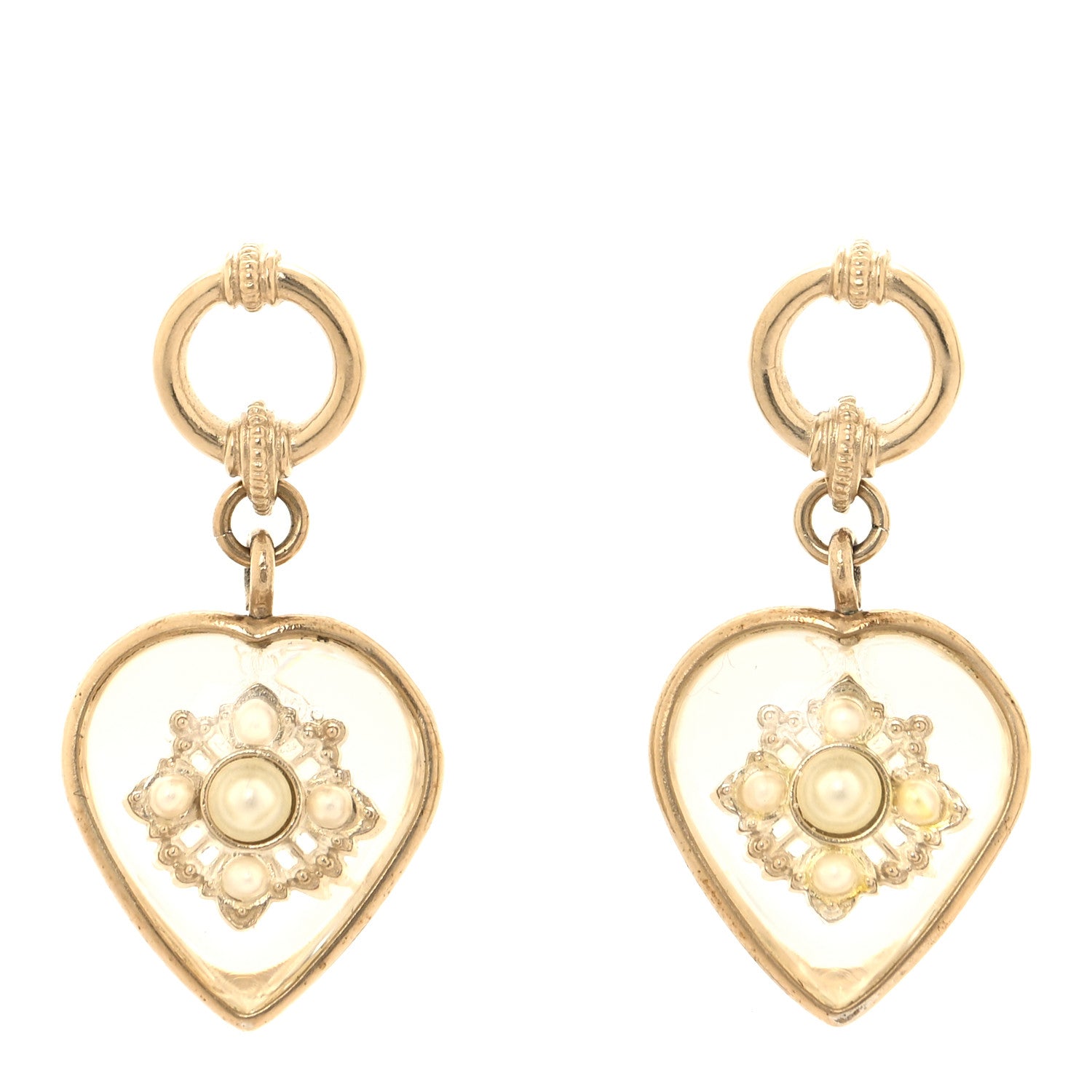 Chanel Crystal Pearl Heart CC Drop Earrings Transparent 1 of 4