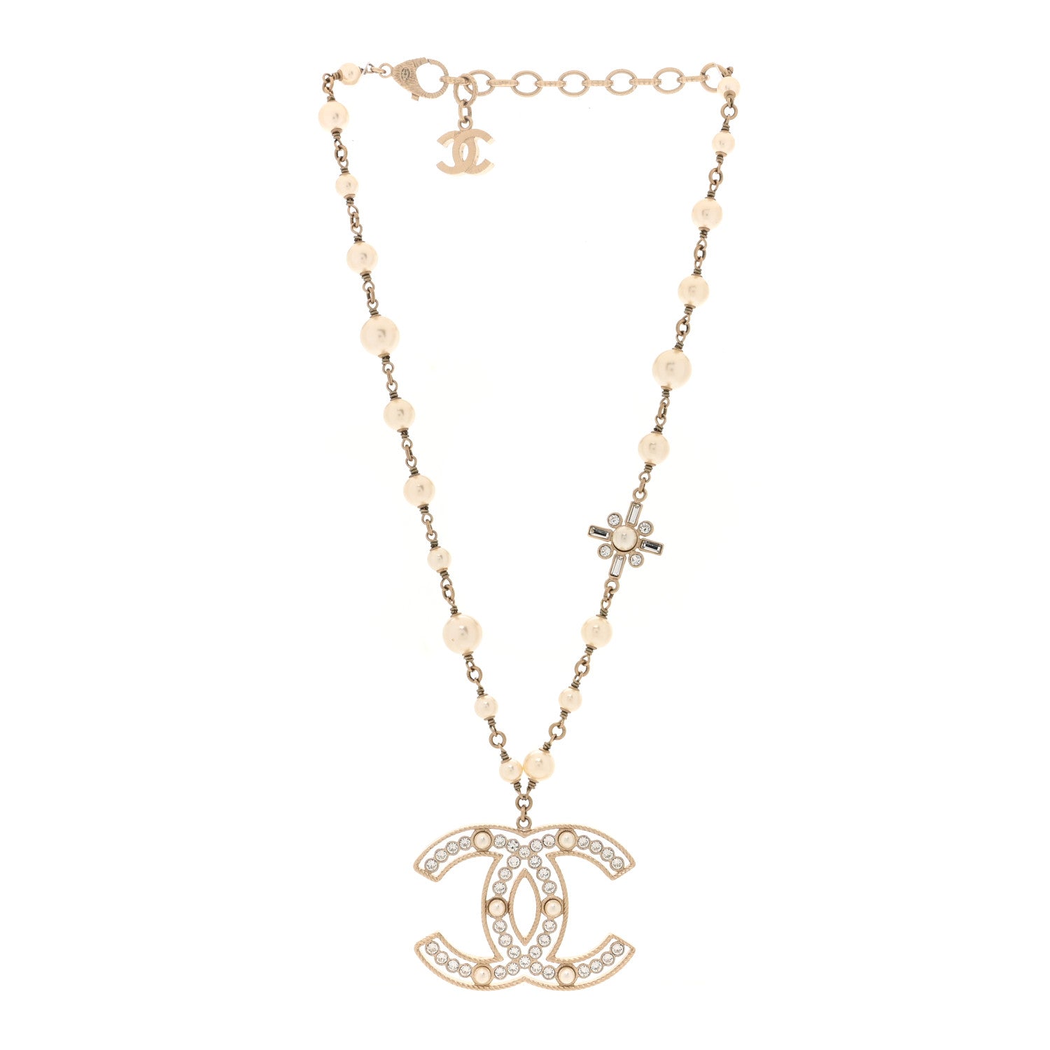 Chanel Crystal Baguette Pearl CC Cross Pendant Necklace Gold 1 of 4