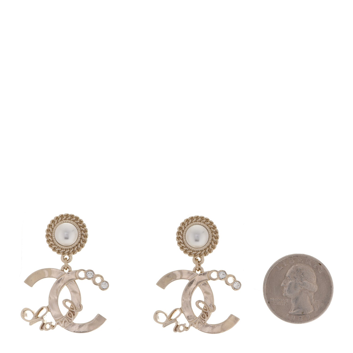 Chanel Metal Pearl Crystal Coco Script CC Drop Earrings Gold 2 of 5