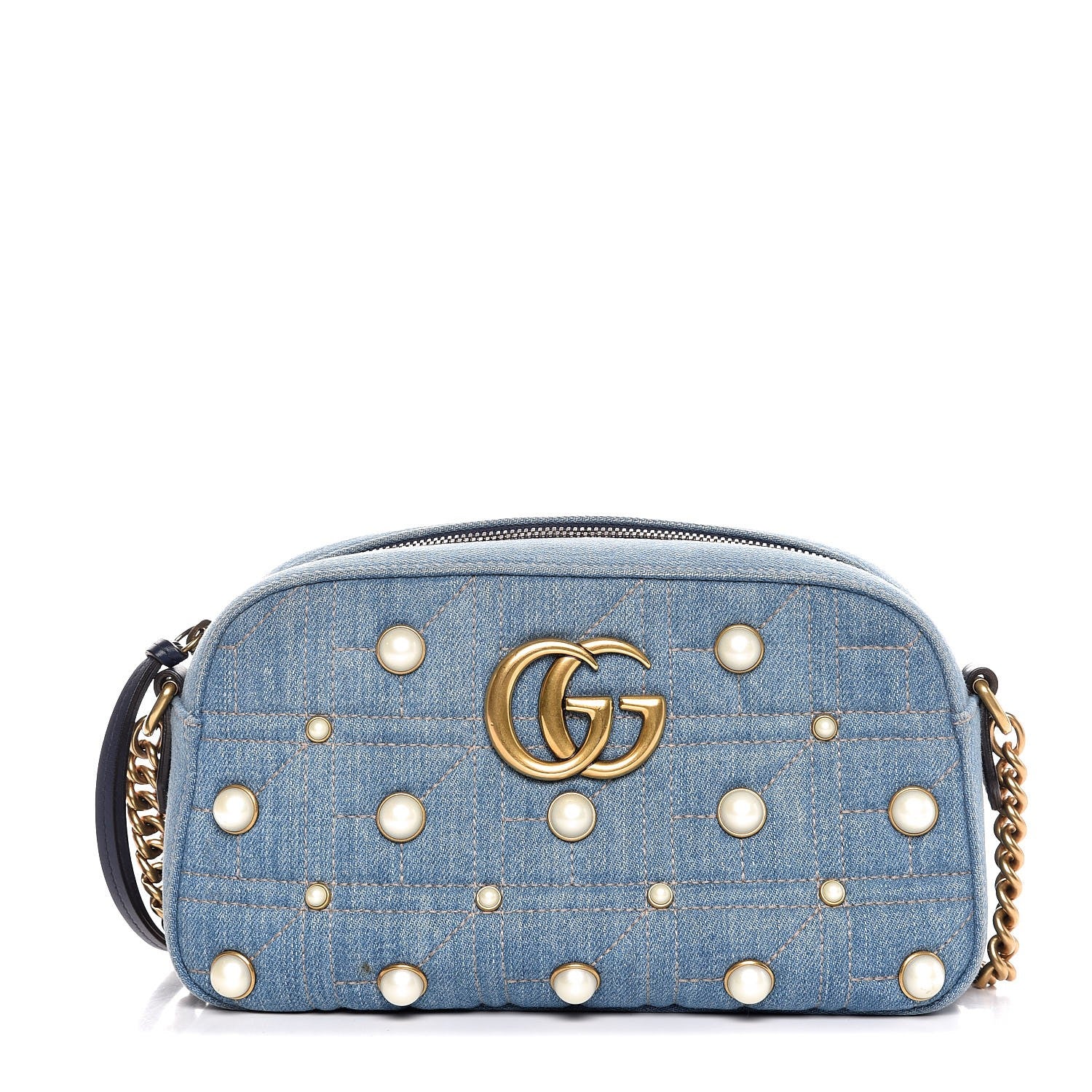 Gucci Denim Matelasse Pearl Studded Small GG Marmont Chain Shoulder Bag Blue 1 of 8